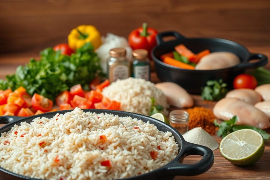 A neatly arranged spread of ingredients for a delicious Mexican chicken and rice dish. In the foreground, a large cast-iron skillet takes center stage, filled with a selection of fresh, vibrant vegetables - diced tomatoes, sliced bell peppers, and chopped onions. Alongside, a pile of fragrant, long-grain rice and a few plump, juicy chicken breasts. In the middle ground, a variety of spices and herbs - cumin, chili powder, paprika, cilantro, and lime wedges - are carefully laid out, ready to infuse the dish with bold, authentic flavors. The scene is illuminated by warm, natural lighting, casting a cozy, inviting atmosphere that sets the stage for a satisfying, home-cooked meal. A neatly arranged spread of ingredients for a delicious Mexican chicken and rice dish. In the foreground, a large cast-iron skillet takes center stage, filled with a selection of fresh, vibrant vegetables - diced tomatoes, sliced bell peppers, and chopped onions. Alongside, a pile of fragrant, long-grain rice and a few plump, juicy chicken breasts. In the middle ground, a variety of spices and herbs - cumin, chili powder, paprika, cilantro, and lime wedges - are carefully laid out, ready to infuse the dish with bold, authentic flavors. The scene is illuminated by warm, natural lighting, casting a cozy, inviting atmosphere that sets the stage for a satisfying, home-cooked meal.