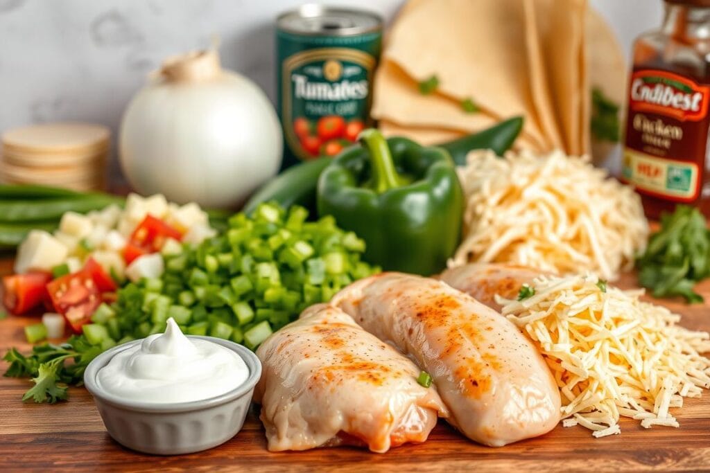 A neatly arranged still life capturing the key ingredients for a delicious sour cream chicken enchilada casserole. In the foreground, gently seared chicken thighs, a dollop of thick, creamy sour cream, and a pile of shredded Mexican blend cheese. In the middle ground, a chopped white onion, diced green bell pepper, and a can of diced tomatoes with green chilies. In the background, soft corn tortillas, a bottle of enchilada sauce, and a sprinkle of fragrant cilantro. Warm, earthy tones with soft, diffused lighting create an appetizing and inviting atmosphere. A neatly arranged still life capturing the key ingredients for a delicious sour cream chicken enchilada casserole. In the foreground, gently seared chicken thighs, a dollop of thick, creamy sour cream, and a pile of shredded Mexican blend cheese. In the middle ground, a chopped white onion, diced green bell pepper, and a can of diced tomatoes with green chilies. In the background, soft corn tortillas, a bottle of enchilada sauce, and a sprinkle of fragrant cilantro. Warm, earthy tones with soft, diffused lighting create an appetizing and inviting atmosphere.