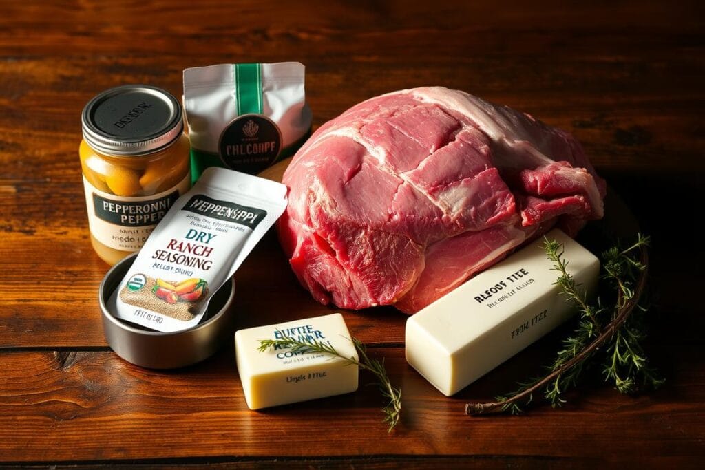 A neatly arranged still life featuring the essential ingredients for a delectable Mississippi Pot Roast: a tender chuck roast, a jar of pepperoncini peppers, a packet of dry ranch seasoning, a stick of unsalted butter, and a few sprigs of fresh thyme. The items are meticulously placed on a rustic wooden surface, bathed in warm, directional lighting that casts subtle shadows, creating a cozy, inviting atmosphere. The composition is balanced and visually appealing, capturing the rustic, homemade essence of this classic, comforting dish. A neatly arranged still life featuring the essential ingredients for a delectable Mississippi Pot Roast: a tender chuck roast, a jar of pepperoncini peppers, a packet of dry ranch seasoning, a stick of unsalted butter, and a few sprigs of fresh thyme. The items are meticulously placed on a rustic wooden surface, bathed in warm, directional lighting that casts subtle shadows, creating a cozy, inviting atmosphere. The composition is balanced and visually appealing, capturing the rustic, homemade essence of this classic, comforting dish.