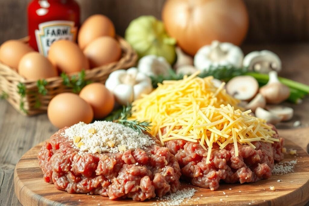 A neatly arranged still life of ingredients for a hearty cheesy meatloaf bake. In the foreground, freshly ground beef, shredded cheddar cheese, and breadcrumbs are displayed on a rustic wooden board. The middle ground showcases a basket of farm-fresh eggs, a jar of ketchup, and a bundle of fresh thyme. In the background, a large onion, sliced mushrooms, and a few garlic cloves create a savory atmosphere. The lighting is soft and natural, accentuating the textures and colors of the ingredients. The overall composition conveys a sense of warmth, comfort, and the promise of a delicious, comforting meal. A neatly arranged still life of ingredients for a hearty cheesy meatloaf bake. In the foreground, freshly ground beef, shredded cheddar cheese, and breadcrumbs are displayed on a rustic wooden board. The middle ground showcases a basket of farm-fresh eggs, a jar of ketchup, and a bundle of fresh thyme. In the background, a large onion, sliced mushrooms, and a few garlic cloves create a savory atmosphere. The lighting is soft and natural, accentuating the textures and colors of the ingredients. The overall composition conveys a sense of warmth, comfort, and the promise of a delicious, comforting meal.