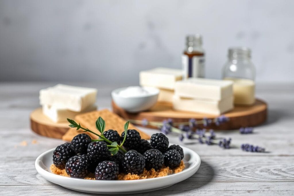 A neatly arranged still life of the essential ingredients for bite-sized blackberry lavender cheesecakes. In the foreground, a round white ceramic plate holds a handful of fresh blackberries, a sprig of fragrant lavender, and crumbled graham cracker crust. In the middle ground, a stack of softened cream cheese bricks, a small bowl of sugar, and a jar of lavender extract sit atop a rustic wooden surface. The background is softly blurred, with muted tones of gray and white that create a minimalist, elegant atmosphere. Soft, natural lighting illuminates the scene, highlighting the vibrant colors and textures of the ingredients. The overall composition conveys a sense of delicate simplicity, perfectly suited for an artisanal mini cheesecake recipe. A neatly arranged still life of the essential ingredients for bite-sized blackberry lavender cheesecakes. In the foreground, a round white ceramic plate holds a handful of fresh blackberries, a sprig of fragrant lavender, and crumbled graham cracker crust. In the middle ground, a stack of softened cream cheese bricks, a small bowl of sugar, and a jar of lavender extract sit atop a rustic wooden surface. The background is softly blurred, with muted tones of gray and white that create a minimalist, elegant atmosphere. Soft, natural lighting illuminates the scene, highlighting the vibrant colors and textures of the ingredients. The overall composition conveys a sense of delicate simplicity, perfectly suited for an artisanal mini cheesecake recipe.