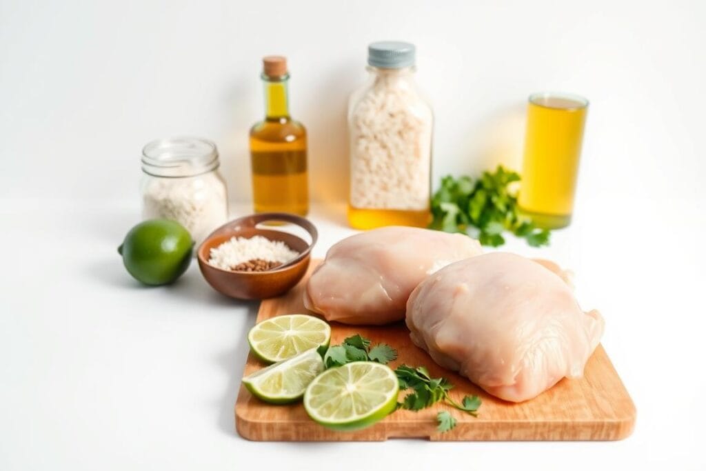 A neatly arranged still life set against a clean, minimalist white background. In the foreground, a cutting board with freshly chopped limes, boneless, skinless chicken thighs, and a few sprigs of cilantro. In the middle ground, a glass jar filled with uncooked basmati rice, a small bowl of cumin seeds, and a bottle of olive oil. The lighting is bright and natural, accentuating the vibrant colors and textures of the ingredients. The overall mood is one of simplicity, freshness, and a sense of anticipation for a delicious, healthy meal. A neatly arranged still life set against a clean, minimalist white background. In the foreground, a cutting board with freshly chopped limes, boneless, skinless chicken thighs, and a few sprigs of cilantro. In the middle ground, a glass jar filled with uncooked basmati rice, a small bowl of cumin seeds, and a bottle of olive oil. The lighting is bright and natural, accentuating the vibrant colors and textures of the ingredients. The overall mood is one of simplicity, freshness, and a sense of anticipation for a delicious, healthy meal.
