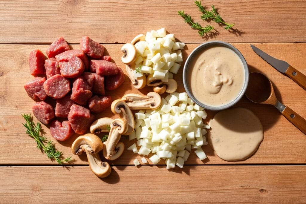 A neatly arranged still life showcasing the essential ingredients for traditional beef stroganoff: tender beef strips, sliced mushrooms, diced onions, and a rich, creamy sauce. The ingredients are beautifully presented on a rustic wooden table, illuminated by soft, natural lighting that casts gentle shadows. The mise en place is meticulously organized, with each component easily identifiable, inviting the viewer to imagine the flavorful dish that will soon be prepared. The overall atmosphere is one of culinary anticipation, with a focus on the quality and freshness of the ingredients, setting the stage for a delectable and authentic beef stroganoff experience. A neatly arranged still life showcasing the essential ingredients for traditional beef stroganoff: tender beef strips, sliced mushrooms, diced onions, and a rich, creamy sauce. The ingredients are beautifully presented on a rustic wooden table, illuminated by soft, natural lighting that casts gentle shadows. The mise en place is meticulously organized, with each component easily identifiable, inviting the viewer to imagine the flavorful dish that will soon be prepared. The overall atmosphere is one of culinary anticipation, with a focus on the quality and freshness of the ingredients, setting the stage for a delectable and authentic beef stroganoff experience.