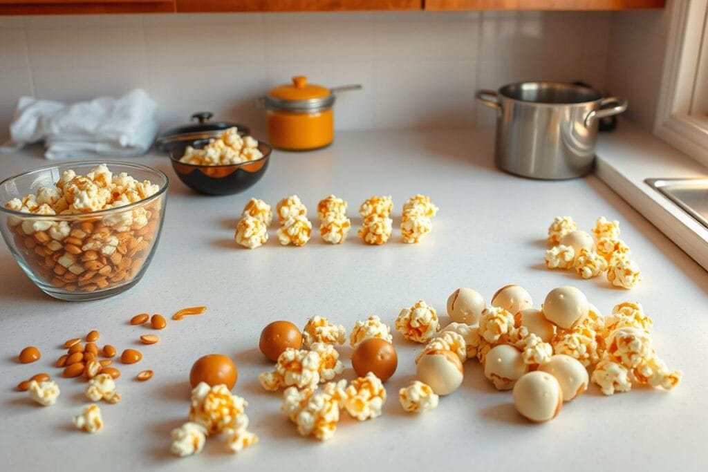 A neatly organized kitchen counter, bathed in warm, golden light. On the surface, an array of caramel-coated popcorn balls, each one a perfect sphere, glistening with a delicate sheen. Surrounding them, a scattering of common mistakes to avoid - a bowl of overcooked, burnt popcorn, a pot of too-thick caramel, and a pile of misshapen, unevenly coated balls. The contrast highlights the importance of temperature control, precise timing, and careful handling for crafting mouthwatering caramel popcorn balls. The overall scene conveys a sense of culinary mastery and the rewards of diligence. A neatly organized kitchen counter, bathed in warm, golden light. On the surface, an array of caramel-coated popcorn balls, each one a perfect sphere, glistening with a delicate sheen. Surrounding them, a scattering of common mistakes to avoid - a bowl of overcooked, burnt popcorn, a pot of too-thick caramel, and a pile of misshapen, unevenly coated balls. The contrast highlights the importance of temperature control, precise timing, and careful handling for crafting mouthwatering caramel popcorn balls. The overall scene conveys a sense of culinary mastery and the rewards of diligence.