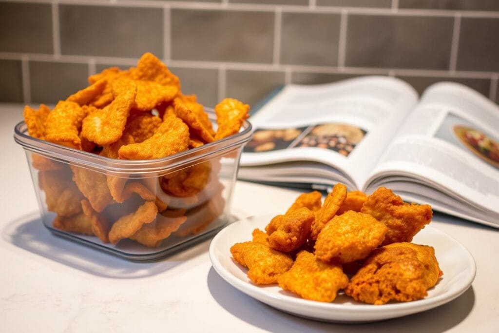 A neatly organized kitchen counter showcases a transparent storage container filled with crisp, golden-brown potato chip chicken. Beside it, a plate with a freshly reheated serving, steam rising gently. The lighting is soft and warm, emphasizing the comforting, appetizing nature of the scene. In the background, a cookbook open to a relevant page provides additional context. The composition is balanced, with the storage container and reheated portion taking center stage, inviting the viewer to imagine the delicious texture and flavor of this versatile dish. A neatly organized kitchen counter showcases a transparent storage container filled with crisp, golden-brown potato chip chicken. Beside it, a plate with a freshly reheated serving, steam rising gently. The lighting is soft and warm, emphasizing the comforting, appetizing nature of the scene. In the background, a cookbook open to a relevant page provides additional context. The composition is balanced, with the storage container and reheated portion taking center stage, inviting the viewer to imagine the delicious texture and flavor of this versatile dish.