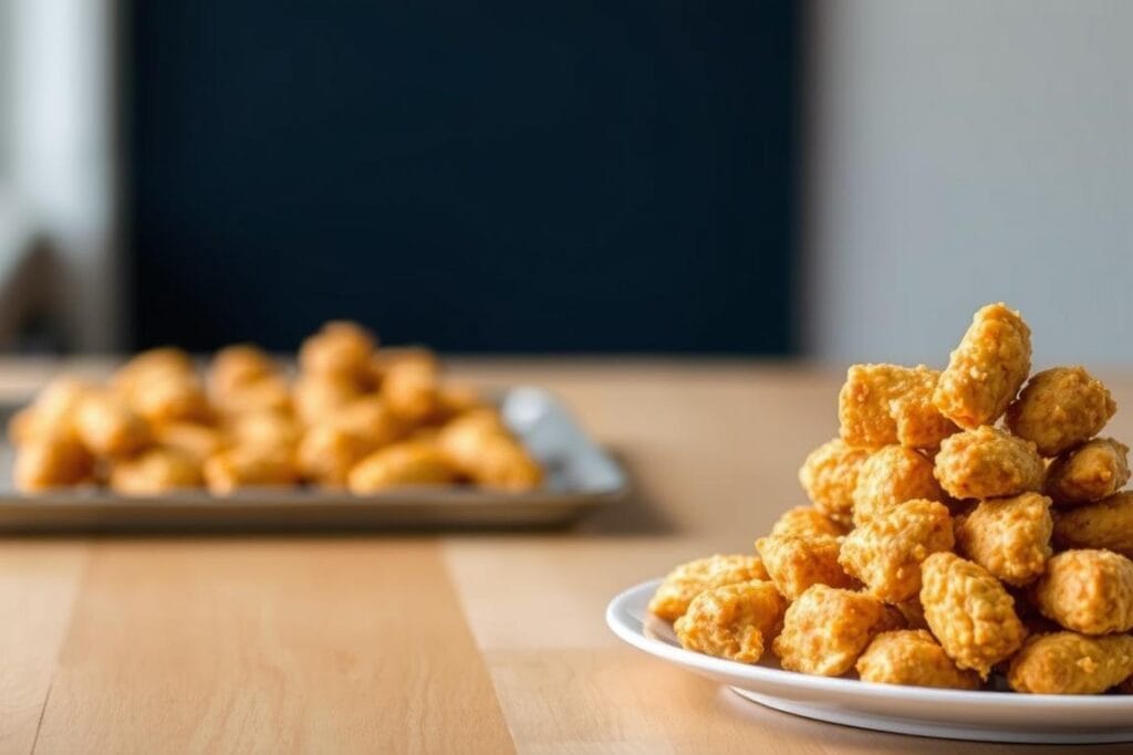 A neatly organized wooden table, its surface illuminated by soft, diffused lighting. In the foreground, a plate or tray holds a pile of freshly prepared boneless chicken bites, the pieces perfectly bite-sized and uniform in shape. The chicken has a delicate golden-brown breading, suggesting it has been carefully prepared and cooked. The background is slightly blurred, allowing the viewer to focus on the beautifully presented chicken bites, ready to be used in the recipe for "Baked Honey BBQ Popcorn Chicken: The Perfect Bite-Sized Treat." A neatly organized wooden table, its surface illuminated by soft, diffused lighting. In the foreground, a plate or tray holds a pile of freshly prepared boneless chicken bites, the pieces perfectly bite-sized and uniform in shape. The chicken has a delicate golden-brown breading, suggesting it has been carefully prepared and cooked. The background is slightly blurred, allowing the viewer to focus on the beautifully presented chicken bites, ready to be used in the recipe for "Baked Honey BBQ Popcorn Chicken: The Perfect Bite-Sized Treat."