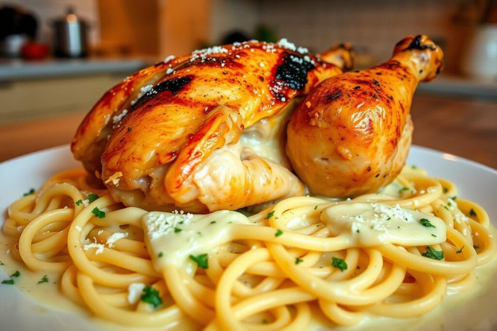 A perfectly roasted rotisserie chicken, golden-brown and glistening, sits atop a bed of al dente fettuccine noodles coated in a rich, creamy alfredo sauce. The chicken's juices mingle with the velvety sauce, creating a harmonious blend of flavors. Freshly grated parmesan cheese and a sprinkling of chopped parsley add a touch of elegance to the dish, set against a backdrop of a warm, inviting kitchen. Soft, indirect lighting casts a gentle glow, highlighting the dish's comforting and appetizing qualities. The camera captures the scene from a slightly elevated angle, emphasizing the layers of texture and the tempting presentation of this delectable rotisserie chicken alfredo. A perfectly roasted rotisserie chicken, golden-brown and glistening, sits atop a bed of al dente fettuccine noodles coated in a rich, creamy alfredo sauce. The chicken's juices mingle with the velvety sauce, creating a harmonious blend of flavors. Freshly grated parmesan cheese and a sprinkling of chopped parsley add a touch of elegance to the dish, set against a backdrop of a warm, inviting kitchen. Soft, indirect lighting casts a gentle glow, highlighting the dish's comforting and appetizing qualities. The camera captures the scene from a slightly elevated angle, emphasizing the layers of texture and the tempting presentation of this delectable rotisserie chicken alfredo.
