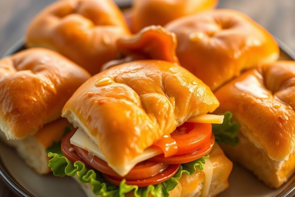 A plate of freshly baked Italian sub sliders, their soft brioche buns glistening with a light glaze. Thinly sliced salami, pepperoni, and capocollo are stacked high, with tangy provolone cheese, crisp lettuce, juicy tomatoes, and a drizzle of zesty Italian dressing. The lighting is soft and warm, casting a golden glow over the scene, emphasizing the textures and flavors. The camera angle is slightly elevated, providing a tantalizing overhead view that showcases the slider's compact size and the generous array of toppings. The overall mood is one of appetizing simplicity, inviting the viewer to imagine the satisfying crunch and savory flavors of these irresistible mini sandwiches. A plate of freshly baked Italian sub sliders, their soft brioche buns glistening with a light glaze. Thinly sliced salami, pepperoni, and capocollo are stacked high, with tangy provolone cheese, crisp lettuce, juicy tomatoes, and a drizzle of zesty Italian dressing. The lighting is soft and warm, casting a golden glow over the scene, emphasizing the textures and flavors. The camera angle is slightly elevated, providing a tantalizing overhead view that showcases the slider's compact size and the generous array of toppings. The overall mood is one of appetizing simplicity, inviting the viewer to imagine the satisfying crunch and savory flavors of these irresistible mini sandwiches.