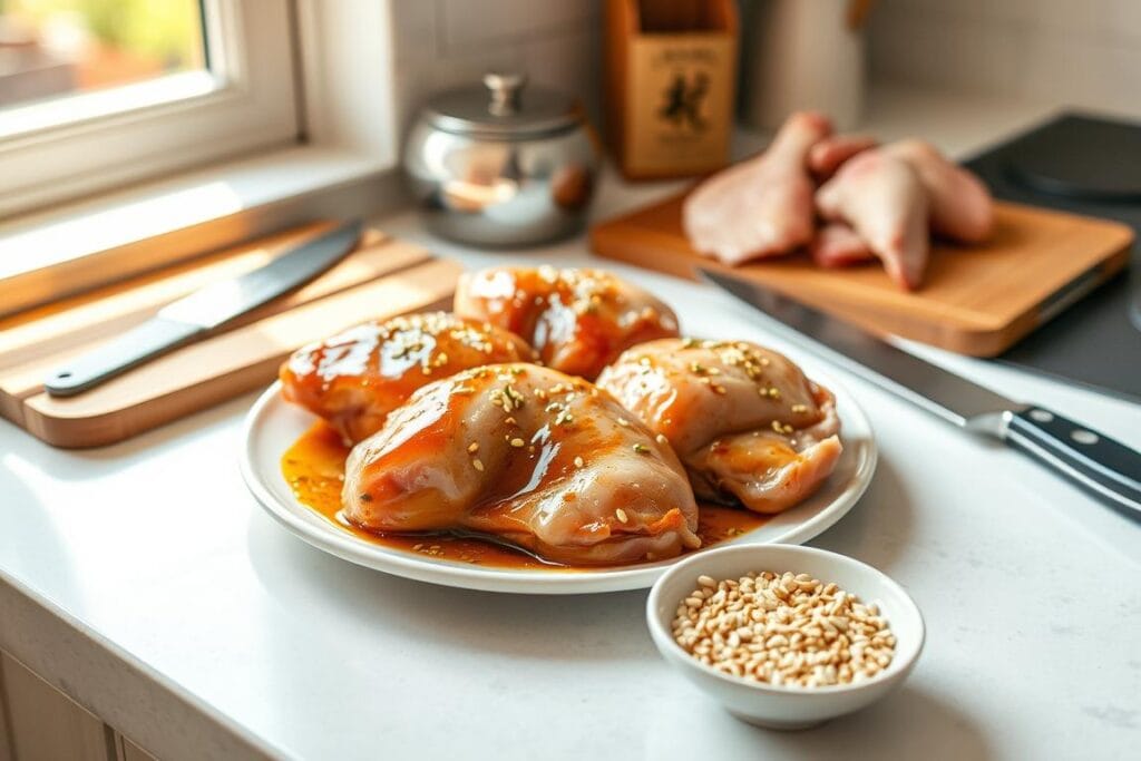 A pristine kitchen counter, neatly arranged with a wooden cutting board, a sharp chef's knife, and a plate of freshly marinated chicken thighs. The succulent meat is coated in a glistening mixture of soy sauce, rice vinegar, sesame oil, and minced garlic, ready to be seared to golden-brown perfection. Soft rays of natural light filter through a nearby window, casting a warm, inviting glow over the scene. In the foreground, a small dish of toasted sesame seeds stands ready to add the final touch of crunch and nutty flavor. The overall atmosphere is one of focused preparation, where the aromas of these simple yet delicious ingredients mingle, anticipating the mouthwatering meal to come. A pristine kitchen counter, neatly arranged with a wooden cutting board, a sharp chef's knife, and a plate of freshly marinated chicken thighs. The succulent meat is coated in a glistening mixture of soy sauce, rice vinegar, sesame oil, and minced garlic, ready to be seared to golden-brown perfection. Soft rays of natural light filter through a nearby window, casting a warm, inviting glow over the scene. In the foreground, a small dish of toasted sesame seeds stands ready to add the final touch of crunch and nutty flavor. The overall atmosphere is one of focused preparation, where the aromas of these simple yet delicious ingredients mingle, anticipating the mouthwatering meal to come.