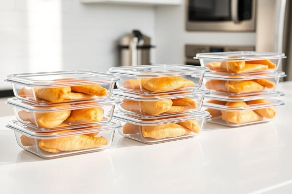 A pristine, well-lit kitchen counter showcases a set of glass meal prep containers filled with perfectly portioned, golden-roasted chicken breasts. The containers are stacked neatly, their lids tightly sealed, casting soft shadows on the smooth white surface. The lighting, slightly angled from the side, creates a clean, professional aesthetic, highlighting the meals' freshness and organization. In the background, a minimalist backsplash and steel appliances suggest a modern, efficient kitchen space, ideal for storing and preparing healthy, make-ahead chicken dishes for the busy week ahead. A pristine, well-lit kitchen counter showcases a set of glass meal prep containers filled with perfectly portioned, golden-roasted chicken breasts. The containers are stacked neatly, their lids tightly sealed, casting soft shadows on the smooth white surface. The lighting, slightly angled from the side, creates a clean, professional aesthetic, highlighting the meals' freshness and organization. In the background, a minimalist backsplash and steel appliances suggest a modern, efficient kitchen space, ideal for storing and preparing healthy, make-ahead chicken dishes for the busy week ahead.