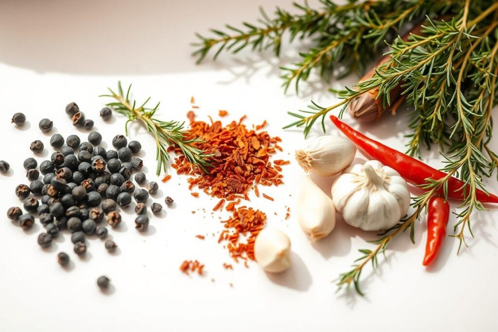 A pristine white countertop serves as the backdrop, showcasing an assortment of culinary essentials: whole black peppercorns, fragrant dried rosemary, vibrant red chili flakes, aromatic garlic cloves, and sprigs of fresh thyme. The lighting is soft and natural, casting a warm glow over the scene, highlighting the textures and colors of the seasonings. The composition is balanced, with the ingredients arranged in a visually appealing manner, inviting the viewer to imagine the flavorful dishes that can be created with these essential components. The overall atmosphere conveys a sense of kitchen preparedness and the promise of delicious, home-cooked meals. A pristine white countertop serves as the backdrop, showcasing an assortment of culinary essentials: whole black peppercorns, fragrant dried rosemary, vibrant red chili flakes, aromatic garlic cloves, and sprigs of fresh thyme. The lighting is soft and natural, casting a warm glow over the scene, highlighting the textures and colors of the seasonings. The composition is balanced, with the ingredients arranged in a visually appealing manner, inviting the viewer to imagine the flavorful dishes that can be created with these essential components. The overall atmosphere conveys a sense of kitchen preparedness and the promise of delicious, home-cooked meals.
