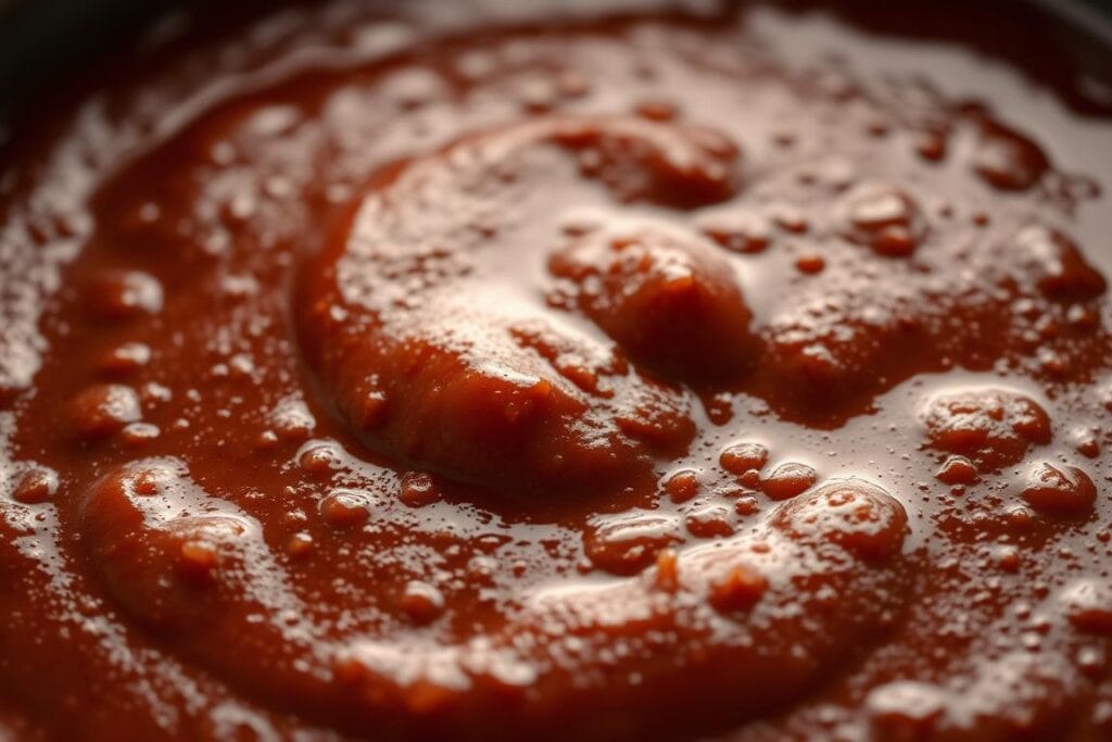 A rich, velvety mole sauce, simmered to perfection, glistening in the warm light. Intricately blended spices - cinnamon, cumin, cloves, and chili peppers - create a complex, earthy flavor. The sauce's deep burgundy hue fills the frame, inviting the viewer to explore its hidden depth. In the foreground, a smooth, creamy texture, captured through a soft, shallow depth of field. The midground reveals the sauce's thick, glossy consistency, while the background fades into a subtle, ambient setting, allowing the main subject to take center stage. This image captures the essence of mole sauce - a harmonious fusion of flavors, textures, and colors that embodies the vibrant culinary traditions of Mexico. A rich, velvety mole sauce, simmered to perfection, glistening in the warm light. Intricately blended spices - cinnamon, cumin, cloves, and chili peppers - create a complex, earthy flavor. The sauce's deep burgundy hue fills the frame, inviting the viewer to explore its hidden depth. In the foreground, a smooth, creamy texture, captured through a soft, shallow depth of field. The midground reveals the sauce's thick, glossy consistency, while the background fades into a subtle, ambient setting, allowing the main subject to take center stage. This image captures the essence of mole sauce - a harmonious fusion of flavors, textures, and colors that embodies the vibrant culinary traditions of Mexico.
