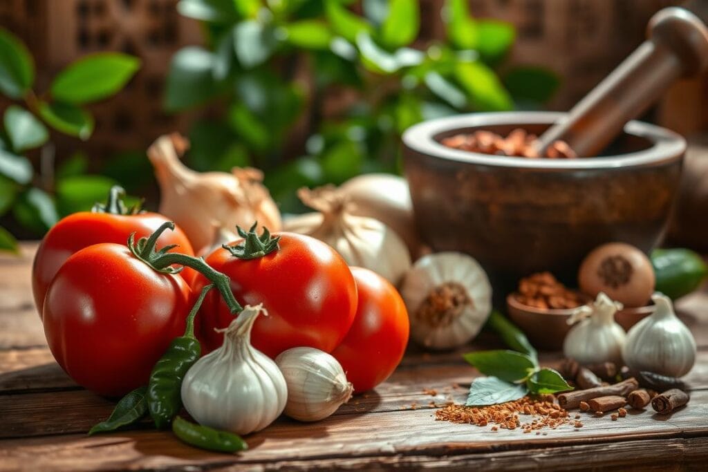 A rustic arrangement of essential ingredients for a flavorful Chicken Mole dish. In the foreground, ripe tomatoes, onions, garlic, and chipotle chiles in adobo sauce sit atop a wooden surface, casting soft shadows. In the middle ground, a mortar and pestle grinds together fragrant spices like cumin, cinnamon, and dried chiles. The background is filled with lush, verdant leaves and the warm, earthy tones of a Mexican kitchen. Soft, natural lighting illuminates the scene, conveying the comforting, homemade essence of this authentic Mexican recipe. A rustic arrangement of essential ingredients for a flavorful Chicken Mole dish. In the foreground, ripe tomatoes, onions, garlic, and chipotle chiles in adobo sauce sit atop a wooden surface, casting soft shadows. In the middle ground, a mortar and pestle grinds together fragrant spices like cumin, cinnamon, and dried chiles. The background is filled with lush, verdant leaves and the warm, earthy tones of a Mexican kitchen. Soft, natural lighting illuminates the scene, conveying the comforting, homemade essence of this authentic Mexican recipe.