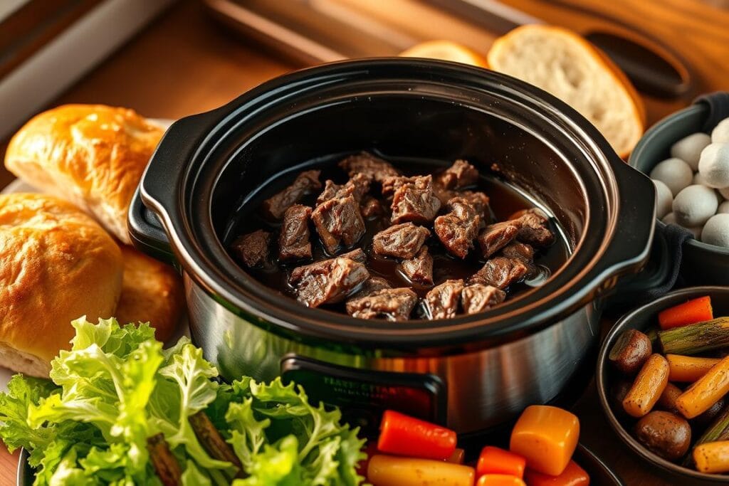 A rustic crockpot filled with savory beef and au jus sauce, surrounded by freshly toasted French bread rolls, crisp lettuce, and a side of roasted vegetables. The scene is bathed in warm, golden light, creating a cozy, inviting atmosphere. The ingredients are neatly arranged, showcasing the effortless preparation and time-saving benefits of this Crockpot French Dip Sandwich meal prep. The composition emphasizes the convenience and deliciousness of this make-ahead dish, perfect for busy weeknights or meal planning. A rustic crockpot filled with savory beef and au jus sauce, surrounded by freshly toasted French bread rolls, crisp lettuce, and a side of roasted vegetables. The scene is bathed in warm, golden light, creating a cozy, inviting atmosphere. The ingredients are neatly arranged, showcasing the effortless preparation and time-saving benefits of this Crockpot French Dip Sandwich meal prep. The composition emphasizes the convenience and deliciousness of this make-ahead dish, perfect for busy weeknights or meal planning.