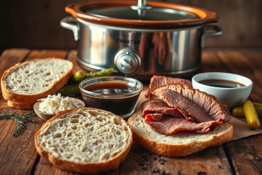 A rustic wooden table, bathed in warm, soft lighting, showcases the essential ingredients for the perfect Crockpot French Dip Sandwich. In the foreground, thick slices of crusty French bread, a slab of tender roast beef, and a bowl of savory au jus sauce take center stage. Surrounding them, an array of complementary elements, such as freshly grated horseradish, crisp dill pickles, and a sprinkle of dried thyme, create a harmonious composition. The mid-ground features a vintage crockpot, its ceramic vessel gleaming, hinting at the slow-cooked perfection of the roast beef within. In the background, a subtle gradient of earthy tones and gentle shadows sets the mood, conveying the comforting and indulgent nature of this classic sandwich. A rustic wooden table, bathed in warm, soft lighting, showcases the essential ingredients for the perfect Crockpot French Dip Sandwich. In the foreground, thick slices of crusty French bread, a slab of tender roast beef, and a bowl of savory au jus sauce take center stage. Surrounding them, an array of complementary elements, such as freshly grated horseradish, crisp dill pickles, and a sprinkle of dried thyme, create a harmonious composition. The mid-ground features a vintage crockpot, its ceramic vessel gleaming, hinting at the slow-cooked perfection of the roast beef within. In the background, a subtle gradient of earthy tones and gentle shadows sets the mood, conveying the comforting and indulgent nature of this classic sandwich.