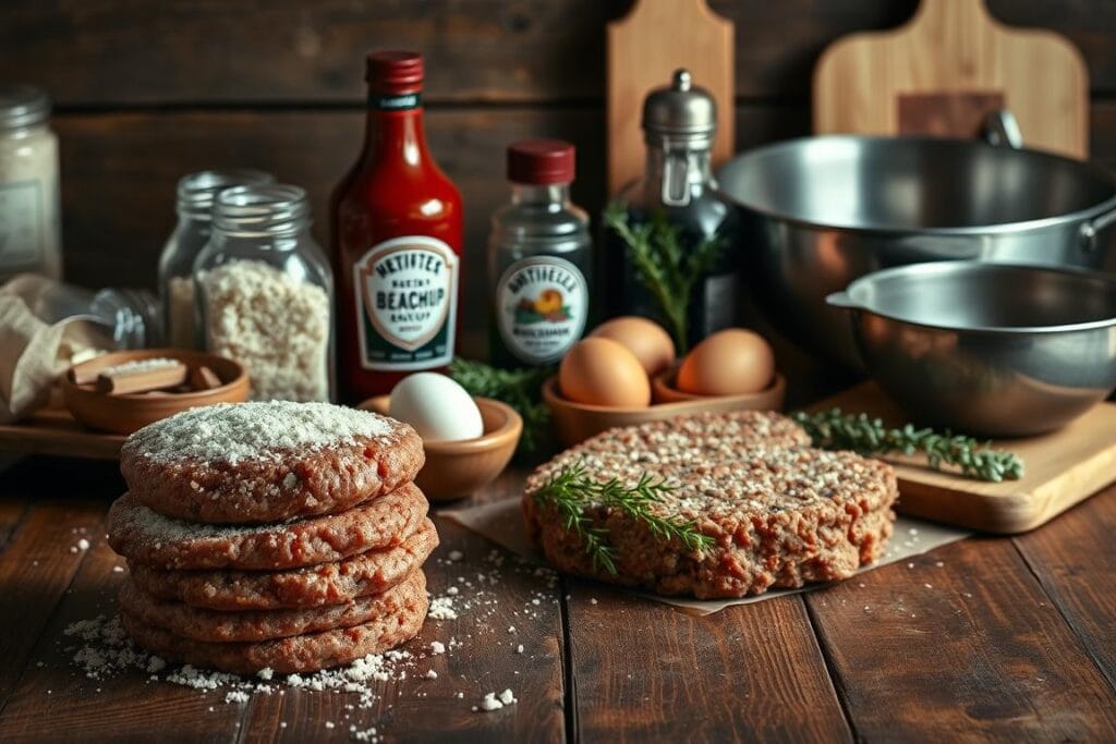 A rustic wooden table sets the stage, adorned with an array of homemade meatloaf ingredients. In the foreground, a stack of fresh ground beef, breadcrumbs, and eggs stand out against the dark wood. Mid-frame, a jar of ketchup, a bottle of Worcestershire sauce, and a bundle of fresh thyme add pops of color. The background features a vintage mixing bowl, a seasoning shaker, and a cutting board, all bathed in soft, warm lighting that casts gentle shadows, creating a cozy, inviting atmosphere. This carefully curated selection of classic meatloaf essentials beckons the viewer to imagine the flavors and textures of the ultimate comfort food. A rustic wooden table sets the stage, adorned with an array of homemade meatloaf ingredients. In the foreground, a stack of fresh ground beef, breadcrumbs, and eggs stand out against the dark wood. Mid-frame, a jar of ketchup, a bottle of Worcestershire sauce, and a bundle of fresh thyme add pops of color. The background features a vintage mixing bowl, a seasoning shaker, and a cutting board, all bathed in soft, warm lighting that casts gentle shadows, creating a cozy, inviting atmosphere. This carefully curated selection of classic meatloaf essentials beckons the viewer to imagine the flavors and textures of the ultimate comfort food.
