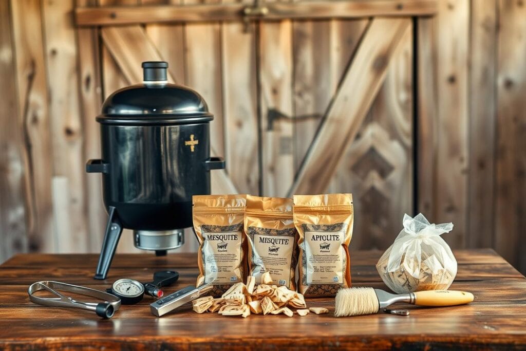 A rustic wooden table showcases an array of essential smoker equipment for tender, flavorful short ribs. In the foreground, a high-quality charcoal smoker grill stands ready, its polished metal gleaming under warm, natural lighting. Surrounding it are various tools: sturdy tongs, a meat probe thermometer, and a brush for applying savory rubs. In the middle ground, a selection of aromatic wood chips - hickory, mesquite, and apple - await to infuse the meat with their distinct smoky notes. The background features a weathered barn door, lending an authentic, countryside ambiance to the scene, perfectly setting the stage for the mouthwatering short rib creation. A rustic wooden table showcases an array of essential smoker equipment for tender, flavorful short ribs. In the foreground, a high-quality charcoal smoker grill stands ready, its polished metal gleaming under warm, natural lighting. Surrounding it are various tools: sturdy tongs, a meat probe thermometer, and a brush for applying savory rubs. In the middle ground, a selection of aromatic wood chips - hickory, mesquite, and apple - await to infuse the meat with their distinct smoky notes. The background features a weathered barn door, lending an authentic, countryside ambiance to the scene, perfectly setting the stage for the mouthwatering short rib creation.