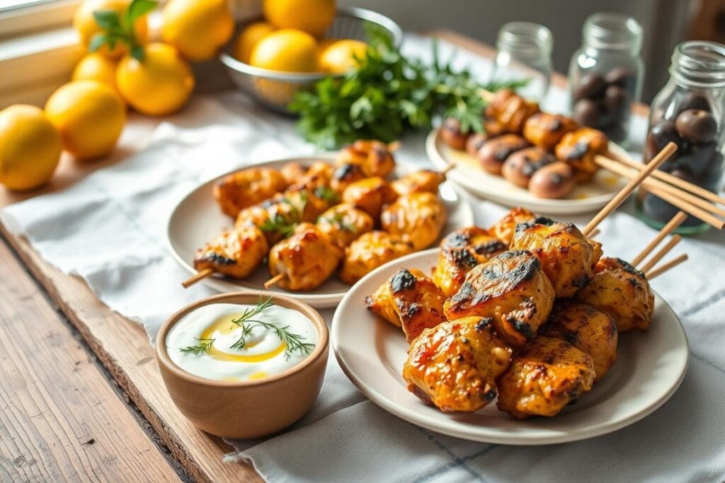 A rustic wooden table with a crisp white linen cloth, in natural daylight filtering through a window. In the foreground, a small ceramic bowl filled with homemade tzatziki sauce, its cool, creamy texture accented by the flecks of fresh dill and a drizzle of lemon olive oil. Beside it, a plate of juicy, marinated chicken skewers, their golden-brown char grilled to perfection. The background features a backdrop of simple kitchen accessories, hinting at the recipe's Greek origins - a colander of fresh lemons, a bundle of fragrant oregano, and a small glass jar of briny Kalamata olives. The overall mood is one of simple, honest ingredients and effortless Mediterranean flavors. A rustic wooden table with a crisp white linen cloth, in natural daylight filtering through a window. In the foreground, a small ceramic bowl filled with homemade tzatziki sauce, its cool, creamy texture accented by the flecks of fresh dill and a drizzle of lemon olive oil. Beside it, a plate of juicy, marinated chicken skewers, their golden-brown char grilled to perfection. The background features a backdrop of simple kitchen accessories, hinting at the recipe's Greek origins - a colander of fresh lemons, a bundle of fragrant oregano, and a small glass jar of briny Kalamata olives. The overall mood is one of simple, honest ingredients and effortless Mediterranean flavors.