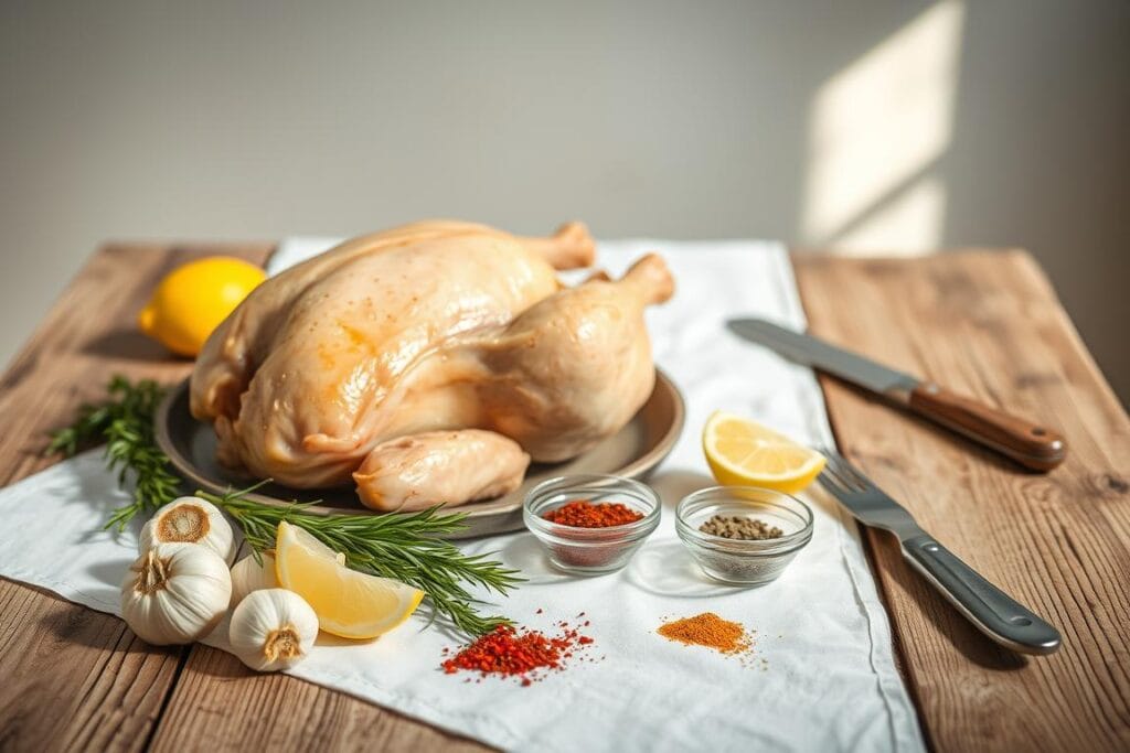 A rustic wooden table with a white tablecloth, bathed in soft, natural lighting. In the foreground, arrange a selection of fresh, organic ingredients for oven-roasted chicken: whole chicken, garlic cloves, sprigs of rosemary, lemon wedges, and a blend of fragrant spices in small bowls. In the middle ground, place a few cooking utensils, such as a basting brush and a chef's knife. The background should have a simple, minimalist setting, creating a cozy, inviting atmosphere that complements the culinary theme. A rustic wooden table with a white tablecloth, bathed in soft, natural lighting. In the foreground, arrange a selection of fresh, organic ingredients for oven-roasted chicken: whole chicken, garlic cloves, sprigs of rosemary, lemon wedges, and a blend of fragrant spices in small bowls. In the middle ground, place a few cooking utensils, such as a basting brush and a chef's knife. The background should have a simple, minimalist setting, creating a cozy, inviting atmosphere that complements the culinary theme.