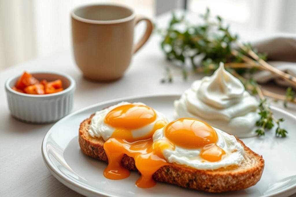 A savory breakfast scene, captured in natural light. In the foreground, a plate of perfectly jammy eggs, their golden yolks oozing over a bed of crisp toast. Beside it, a small ramekin of vibrant chili butter, its spicy aroma wafting through the air. In the middle ground, a generous dollop of thick, creamy garlic yogurt, its tangy richness complementing the other elements. The background features a minimalist table setting, with a simple ceramic mug and a sprig of fresh herbs, lending a touch of rustic elegance. The overall composition conveys a sense of balance, highlighting the nutritional benefits and health considerations of this flavorful dish. A savory breakfast scene, captured in natural light. In the foreground, a plate of perfectly jammy eggs, their golden yolks oozing over a bed of crisp toast. Beside it, a small ramekin of vibrant chili butter, its spicy aroma wafting through the air. In the middle ground, a generous dollop of thick, creamy garlic yogurt, its tangy richness complementing the other elements. The background features a minimalist table setting, with a simple ceramic mug and a sprig of fresh herbs, lending a touch of rustic elegance. The overall composition conveys a sense of balance, highlighting the nutritional benefits and health considerations of this flavorful dish.