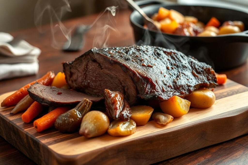 A savory smoked Mississippi pot roast, slow-cooked to perfection, rests on a rustic wooden cutting board. The meat, fork-tender and glistening with a rich, caramelized crust, is surrounded by aromatic roasted vegetables - tender carrots, onions, and potatoes. Wisps of fragrant smoke curl up from the dish, hinting at the depth of flavor within. Soft, natural lighting casts a warm glow over the scene, highlighting the mouthwatering textures and the care taken in its preparation. A cast-iron skillet sits nearby, a testament to the homespun, comfort-food nature of this classic dish. A savory smoked Mississippi pot roast, slow-cooked to perfection, rests on a rustic wooden cutting board. The meat, fork-tender and glistening with a rich, caramelized crust, is surrounded by aromatic roasted vegetables - tender carrots, onions, and potatoes. Wisps of fragrant smoke curl up from the dish, hinting at the depth of flavor within. Soft, natural lighting casts a warm glow over the scene, highlighting the mouthwatering textures and the care taken in its preparation. A cast-iron skillet sits nearby, a testament to the homespun, comfort-food nature of this classic dish.
