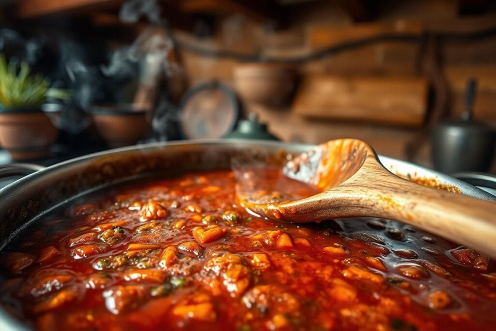 A simmering pot filled with a rich, aromatic Jamaican jerk sauce. In the foreground, the sauce bubbles and simmers, its deep crimson hue and wisps of steam creating an inviting atmosphere. Vibrant spices and herbs, such as scotch bonnet peppers, allspice, and thyme, infuse the sauce with authentic Jamaican flavors. The middle ground features a wooden spoon gently stirring the sauce, while the background showcases a rustic kitchen setting with exposed beams and a warm, earthy tone. The lighting is soft and diffused, creating a cozy, homemade ambiance perfect for this traditional Jamaican culinary experience. A simmering pot filled with a rich, aromatic Jamaican jerk sauce. In the foreground, the sauce bubbles and simmers, its deep crimson hue and wisps of steam creating an inviting atmosphere. Vibrant spices and herbs, such as scotch bonnet peppers, allspice, and thyme, infuse the sauce with authentic Jamaican flavors. The middle ground features a wooden spoon gently stirring the sauce, while the background showcases a rustic kitchen setting with exposed beams and a warm, earthy tone. The lighting is soft and diffused, creating a cozy, homemade ambiance perfect for this traditional Jamaican culinary experience.