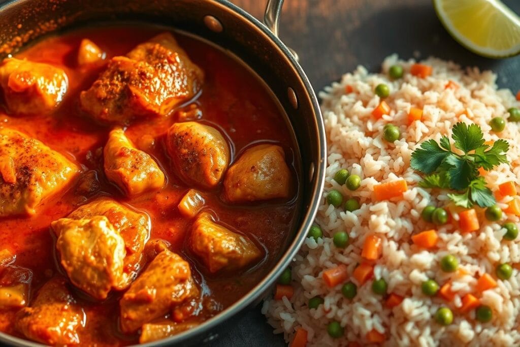 A sizzling pan filled with tender, juicy chicken simmering in a vibrant tomato-based sauce, infused with aromatic spices like cumin, chili powder, and garlic. Alongside, a bed of fluffy, fragrant rice flecked with vibrant peas and carrots. The scene is bathed in warm, golden lighting, casting a cozy, inviting atmosphere. A sprinkle of fresh cilantro and a squeeze of lime add the final touches of authentic Mexican flavor. The overall composition evokes the comforting and satisfying essence of a traditional Mexican chicken and rice dish. A sizzling pan filled with tender, juicy chicken simmering in a vibrant tomato-based sauce, infused with aromatic spices like cumin, chili powder, and garlic. Alongside, a bed of fluffy, fragrant rice flecked with vibrant peas and carrots. The scene is bathed in warm, golden lighting, casting a cozy, inviting atmosphere. A sprinkle of fresh cilantro and a squeeze of lime add the final touches of authentic Mexican flavor. The overall composition evokes the comforting and satisfying essence of a traditional Mexican chicken and rice dish.