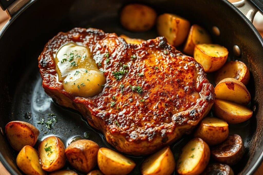 A skillet sizzling with a juicy steak, golden-brown and glistening with a buttery garlic-herb sauce. The steak is expertly seared, showcasing a perfect medium-rare interior. Surrounding the steak are roasted potatoes, crisp on the outside and fluffy within, sprinkled with fragrant herbs. The scene is illuminated by warm, natural lighting, casting a cozy, inviting atmosphere. The camera angle is positioned slightly above, highlighting the rich textures and enticing aromas of this masterfully prepared dish. This image perfectly captures the essence of "Mastering the Cooking Process" for the article on "Buttery Steak Bites & Garlic Herb Potatoes." A skillet sizzling with a juicy steak, golden-brown and glistening with a buttery garlic-herb sauce. The steak is expertly seared, showcasing a perfect medium-rare interior. Surrounding the steak are roasted potatoes, crisp on the outside and fluffy within, sprinkled with fragrant herbs. The scene is illuminated by warm, natural lighting, casting a cozy, inviting atmosphere. The camera angle is positioned slightly above, highlighting the rich textures and enticing aromas of this masterfully prepared dish. This image perfectly captures the essence of "Mastering the Cooking Process" for the article on "Buttery Steak Bites & Garlic Herb Potatoes."