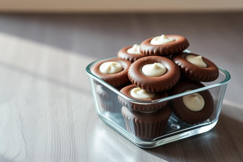 A sleek, minimalist glass storage container sits atop a muted gray wooden surface, filled with neatly arranged chocolate peppermint cookie cups. The cookies have a rich, dark chocolate base with a subtle peppermint flavor, adorned with a delicate swirl of white chocolate on top. The container's clean, modern design allows the cookies to be displayed beautifully, while keeping them fresh and protected. Warm, natural lighting casts a gentle glow, highlighting the glossy finish of the cookies and the transparent glass of the container. The overall scene conveys a sense of elegant, sophisticated simplicity, perfectly suited for showcasing these irresistible treats. A sleek, minimalist glass storage container sits atop a muted gray wooden surface, filled with neatly arranged chocolate peppermint cookie cups. The cookies have a rich, dark chocolate base with a subtle peppermint flavor, adorned with a delicate swirl of white chocolate on top. The container's clean, modern design allows the cookies to be displayed beautifully, while keeping them fresh and protected. Warm, natural lighting casts a gentle glow, highlighting the glossy finish of the cookies and the transparent glass of the container. The overall scene conveys a sense of elegant, sophisticated simplicity, perfectly suited for showcasing these irresistible treats.