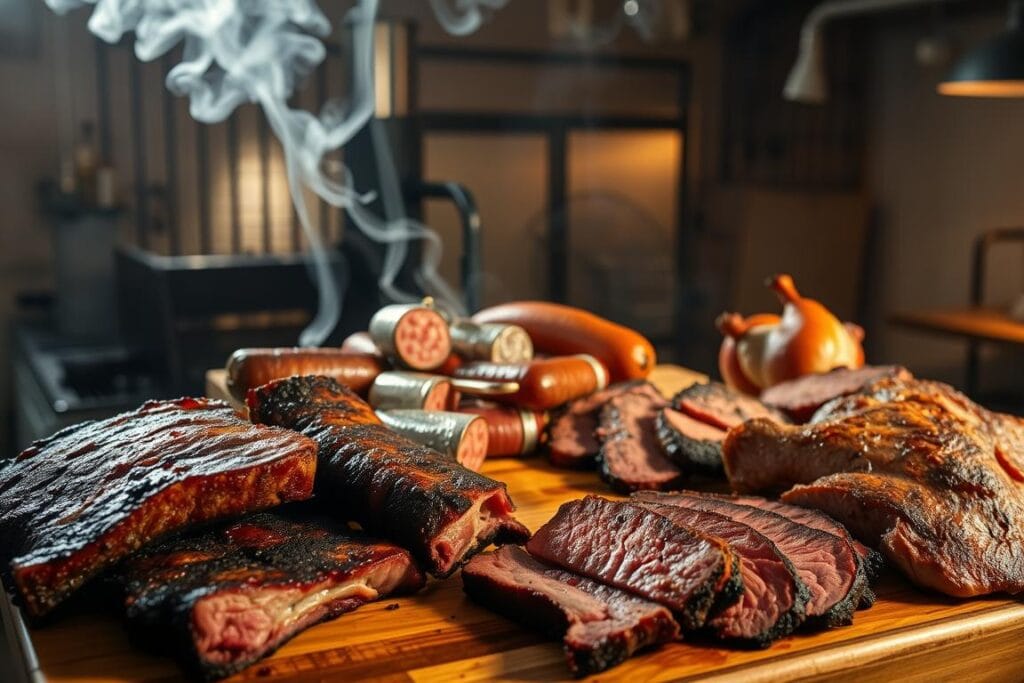 A smoky, rustic scene of a variety of smoked meat dishes set against a backdrop of a dimly lit, industrial-style kitchen. In the foreground, thick slices of juicy, heavily-smoked brisket and tender, fall-off-the-bone short ribs glisten under warm, amber lighting. In the middle ground, a wooden cutting board displays an array of smoked sausages, pork chops, and chicken thighs, their charred exteriors contrasting with the vibrant, pink-tinged interiors. In the background, a large, steel-framed industrial window offers a glimpse of a smoker, its thin wisps of white smoke drifting lazily into the air, hinting at the meticulous process of creating these mouthwatering delicacies. A smoky, rustic scene of a variety of smoked meat dishes set against a backdrop of a dimly lit, industrial-style kitchen. In the foreground, thick slices of juicy, heavily-smoked brisket and tender, fall-off-the-bone short ribs glisten under warm, amber lighting. In the middle ground, a wooden cutting board displays an array of smoked sausages, pork chops, and chicken thighs, their charred exteriors contrasting with the vibrant, pink-tinged interiors. In the background, a large, steel-framed industrial window offers a glimpse of a smoker, its thin wisps of white smoke drifting lazily into the air, hinting at the meticulous process of creating these mouthwatering delicacies.