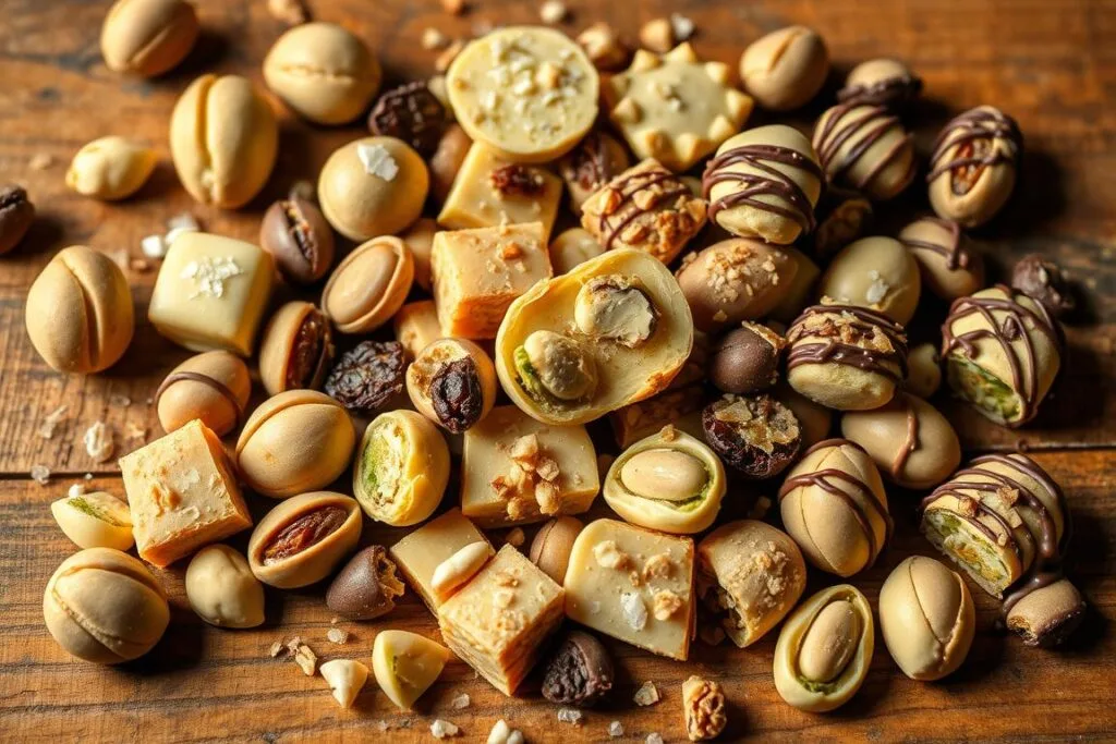 A spread of assorted pistachio candies on a rustic wooden table, artfully arranged in a visually appealing manner. The candies feature a variety of shapes, textures, and colors - some are whole, others are halved or chopped, and they are coated in a range of toppings like sea salt, crushed nuts, dried fruits, and drizzled chocolate. The lighting is soft and warm, creating a cozy, inviting atmosphere that showcases the delicate, intricate details of the candies. The composition is balanced, with the candies taking center stage, surrounded by a minimalist background that allows them to shine. The overall scene evokes a sense of craftsmanship, indulgence, and creative experimentation with pistachio-based confections.