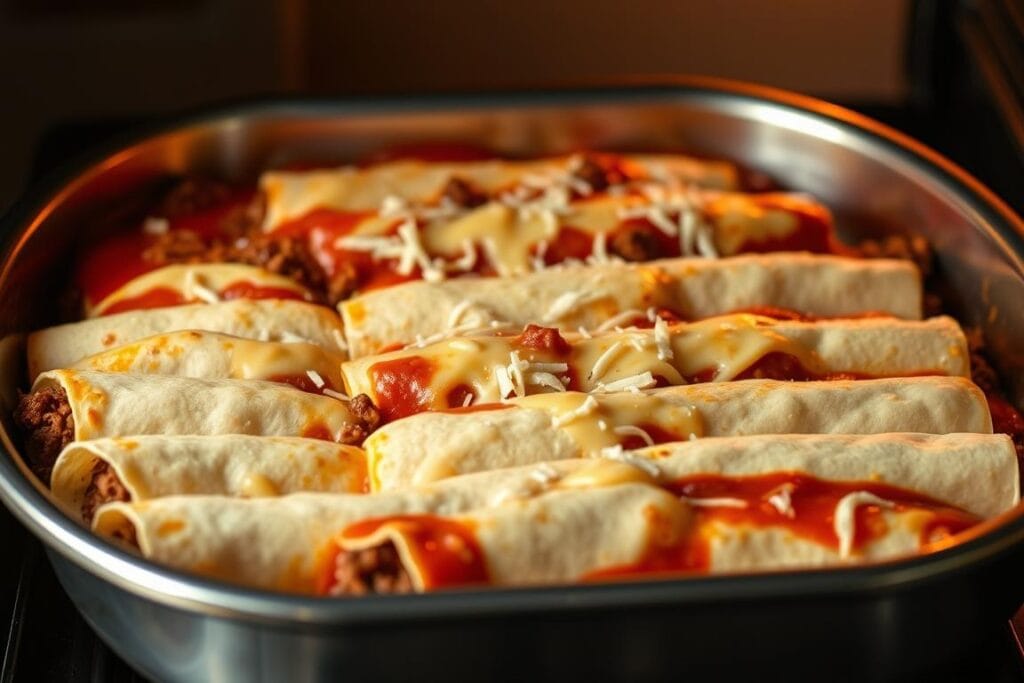 A stainless steel baking pan filled with freshly assembled Tex Mex-style beef enchiladas, the rolled tortillas brimming with seasoned ground beef, melted cheese, and a vibrant red enchilada sauce. The pan is set against a neutral backdrop, bathed in warm, directional lighting that casts soft shadows and highlights the layers of ingredients. The enchiladas are poised and ready to enter a preheated oven, their golden-brown edges and gooey centers promising a mouthwatering, authentic Tex Mex experience. A stainless steel baking pan filled with freshly assembled Tex Mex-style beef enchiladas, the rolled tortillas brimming with seasoned ground beef, melted cheese, and a vibrant red enchilada sauce. The pan is set against a neutral backdrop, bathed in warm, directional lighting that casts soft shadows and highlights the layers of ingredients. The enchiladas are poised and ready to enter a preheated oven, their golden-brown edges and gooey centers promising a mouthwatering, authentic Tex Mex experience.