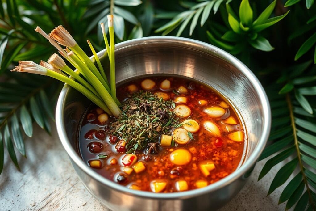 A stainless steel bowl filled with a flavorful marinade, consisting of fresh scallions, ginger, garlic, allspice, thyme, and a hint of fiery scotch bonnet peppers. The rich, aromatic mixture is set against a backdrop of lush, verdant tropical foliage, hinting at the vibrant Jamaican flavors. Soft, diffused lighting casts a warm glow, emphasizing the depth of color and texture in the ingredients. The overall scene evokes a sense of culinary adventure and the essence of authentic Jamaican jerk seasoning. A stainless steel bowl filled with a flavorful marinade, consisting of fresh scallions, ginger, garlic, allspice, thyme, and a hint of fiery scotch bonnet peppers. The rich, aromatic mixture is set against a backdrop of lush, verdant tropical foliage, hinting at the vibrant Jamaican flavors. Soft, diffused lighting casts a warm glow, emphasizing the depth of color and texture in the ingredients. The overall scene evokes a sense of culinary adventure and the essence of authentic Jamaican jerk seasoning.