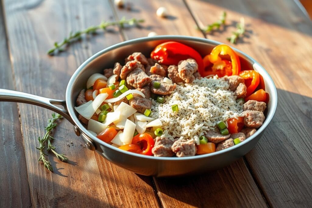A stainless steel skillet sits on a rustic wooden surface, filled with an array of fresh ingredients - thinly sliced beef, sautéed onions, vibrant bell peppers, and a scattering of grated cheese. The scene is bathed in warm, natural lighting, casting soft shadows and highlighting the textures of the ingredients. In the background, a simple sprig of thyme and a dash of cracked black pepper add a touch of earthy elegance. The overall composition conveys a sense of culinary preparation, inviting the viewer to envision the delicious Philly Steak Cheese Skillet dish about to be prepared. A stainless steel skillet sits on a rustic wooden surface, filled with an array of fresh ingredients - thinly sliced beef, sautéed onions, vibrant bell peppers, and a scattering of grated cheese. The scene is bathed in warm, natural lighting, casting soft shadows and highlighting the textures of the ingredients. In the background, a simple sprig of thyme and a dash of cracked black pepper add a touch of earthy elegance. The overall composition conveys a sense of culinary preparation, inviting the viewer to envision the delicious Philly Steak Cheese Skillet dish about to be prepared.