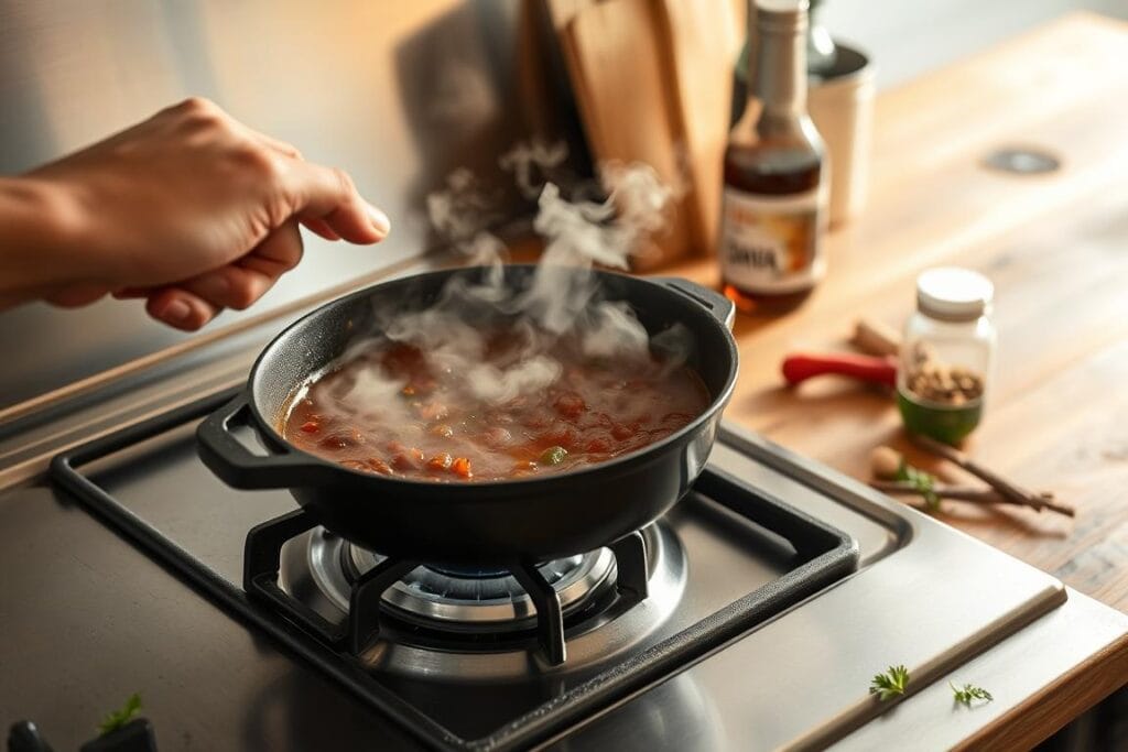 A stainless steel stovetop with a cast iron skillet simmering a rich, aromatic Jamaican jerk sauce. In the foreground, a hand reaches to adjust the gas burner, precisely controlling the heat level. Backlighting softly illuminates the steam rising from the pan, creating a hazy, atmospheric effect. The middle ground features assorted spices, herbs, and a bottle of soy sauce, hinting at the flavors being expertly blended. In the background, a rustic wooden table sets the scene, evoking the warmth and authenticity of Jamaican cuisine. Smooth, even lighting accentuates the textures and colors, inviting the viewer to imagine the delicious aroma filling the kitchen. A stainless steel stovetop with a cast iron skillet simmering a rich, aromatic Jamaican jerk sauce. In the foreground, a hand reaches to adjust the gas burner, precisely controlling the heat level. Backlighting softly illuminates the steam rising from the pan, creating a hazy, atmospheric effect. The middle ground features assorted spices, herbs, and a bottle of soy sauce, hinting at the flavors being expertly blended. In the background, a rustic wooden table sets the scene, evoking the warmth and authenticity of Jamaican cuisine. Smooth, even lighting accentuates the textures and colors, inviting the viewer to imagine the delicious aroma filling the kitchen.