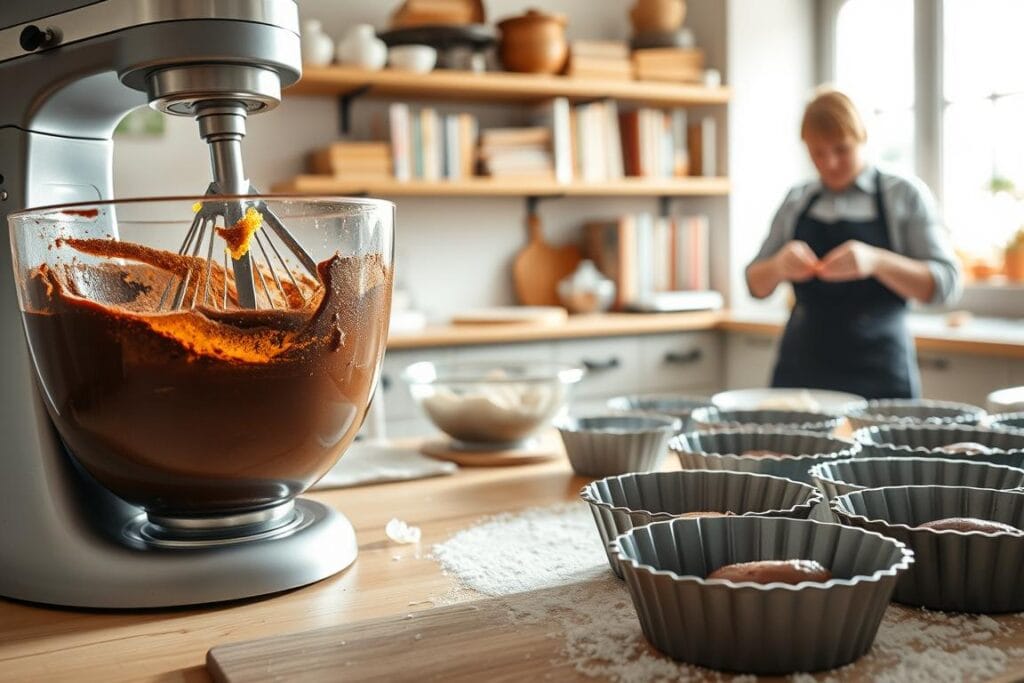 A step-by-step baking process unfolding in a warm, well-lit kitchen. In the foreground, a mixer whipping up a luscious chocolate batter, rich with the aroma of freshly grated orange zest. Nearby, a cook carefully cracking eggs into the mixture, their movements graceful and practiced. In the middle ground, a tray of cake pans being greased and floured, ready to receive the batter. In the background, shelves lined with baking supplies and cookbooks, hinting at the wealth of culinary knowledge at hand. Soft, natural lighting filters in through a window, casting a gentle glow over the scene. The overall mood is one of focused expertise, as each step of the cake-making process is thoughtfully executed. A step-by-step baking process unfolding in a warm, well-lit kitchen. In the foreground, a mixer whipping up a luscious chocolate batter, rich with the aroma of freshly grated orange zest. Nearby, a cook carefully cracking eggs into the mixture, their movements graceful and practiced. In the middle ground, a tray of cake pans being greased and floured, ready to receive the batter. In the background, shelves lined with baking supplies and cookbooks, hinting at the wealth of culinary knowledge at hand. Soft, natural lighting filters in through a window, casting a gentle glow over the scene. The overall mood is one of focused expertise, as each step of the cake-making process is thoughtfully executed.