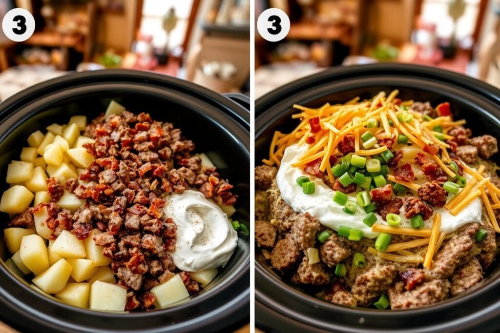 A step-by-step cooking process of a Crockpot Loaded Steak and Potato Bake. In the foreground, freshly chopped potatoes, tender beef chunks, and crispy bacon bits are gently layered in a ceramic crockpot. The middle ground features seasoned sour cream, melted cheddar cheese, and chopped scallions swirling together. In the background, a warm, rustic kitchen with natural lighting filters in, creating a cozy, homey atmosphere. The camera angle is slightly tilted, providing a dynamic, appetizing perspective of the layered ingredients as they simmer and blend to perfection. A step-by-step cooking process of a Crockpot Loaded Steak and Potato Bake. In the foreground, freshly chopped potatoes, tender beef chunks, and crispy bacon bits are gently layered in a ceramic crockpot. The middle ground features seasoned sour cream, melted cheddar cheese, and chopped scallions swirling together. In the background, a warm, rustic kitchen with natural lighting filters in, creating a cozy, homey atmosphere. The camera angle is slightly tilted, providing a dynamic, appetizing perspective of the layered ingredients as they simmer and blend to perfection.