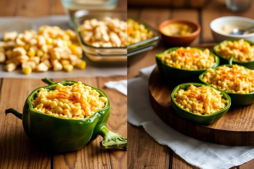 A step-by-step guide to making creamy, cheesy chicken and corn stuffed poblano peppers. In the foreground, a freshly baked poblano pepper, sliced open to reveal its vibrant, golden-brown filling. The middle ground showcases the preparation process, with diced chicken, corn kernels, and a blend of melted cheeses. In the background, a rustic wooden table with a simple white tablecloth, conveying a homely, comforting atmosphere. Soft, warm lighting casts a gentle glow, highlighting the textures and colors of the ingredients. The overall scene evokes a sense of mouthwatering anticipation, inviting the viewer to experience the delicious flavors of this homemade dish. A step-by-step guide to making creamy, cheesy chicken and corn stuffed poblano peppers. In the foreground, a freshly baked poblano pepper, sliced open to reveal its vibrant, golden-brown filling. The middle ground showcases the preparation process, with diced chicken, corn kernels, and a blend of melted cheeses. In the background, a rustic wooden table with a simple white tablecloth, conveying a homely, comforting atmosphere. Soft, warm lighting casts a gentle glow, highlighting the textures and colors of the ingredients. The overall scene evokes a sense of mouthwatering anticipation, inviting the viewer to experience the delicious flavors of this homemade dish.