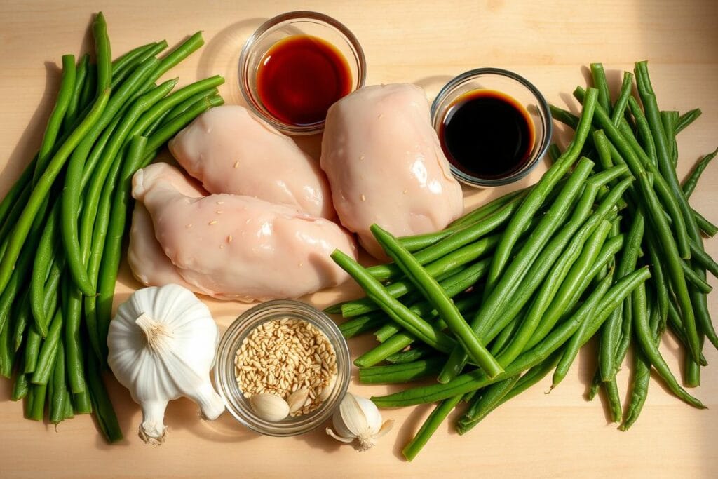 A still life arrangement of fresh, high-quality ingredients for sesame chicken and green beans. Vibrant green beans, juicy chicken thighs, toasted sesame seeds, and aromatic garlic, ginger, and soy sauce in glass bowls on a light wood surface. Warm, directional lighting illuminates the scene, casting soft shadows and highlighting the textures and colors. The composition is balanced and visually appealing, conveying a sense of culinary expertise and mouthwatering anticipation. A still life arrangement of fresh, high-quality ingredients for sesame chicken and green beans. Vibrant green beans, juicy chicken thighs, toasted sesame seeds, and aromatic garlic, ginger, and soy sauce in glass bowls on a light wood surface. Warm, directional lighting illuminates the scene, casting soft shadows and highlighting the textures and colors. The composition is balanced and visually appealing, conveying a sense of culinary expertise and mouthwatering anticipation.