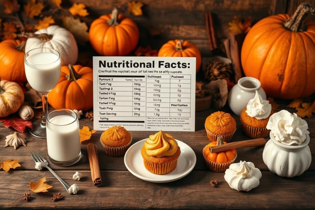 A still life composition showcasing a nutritional facts table and serving suggestions for pumpkin cupcakes. The table is placed on a wooden surface, with a rustic, autumnal backdrop of fallen leaves, pumpkins, and warm lighting. The serving ideas surround the table, including a plate of pumpkin cupcakes, a glass of milk, and garnishes like cinnamon sticks and whipped cream. The overall mood is cozy, inviting, and reflective of the fall season. The lighting is soft and warm, creating depth and highlighting the textures of the ingredients. The camera angle is slightly elevated, providing a comprehensive view of the scene. A still life composition showcasing a nutritional facts table and serving suggestions for pumpkin cupcakes. The table is placed on a wooden surface, with a rustic, autumnal backdrop of fallen leaves, pumpkins, and warm lighting. The serving ideas surround the table, including a plate of pumpkin cupcakes, a glass of milk, and garnishes like cinnamon sticks and whipped cream. The overall mood is cozy, inviting, and reflective of the fall season. The lighting is soft and warm, creating depth and highlighting the textures of the ingredients. The camera angle is slightly elevated, providing a comprehensive view of the scene.