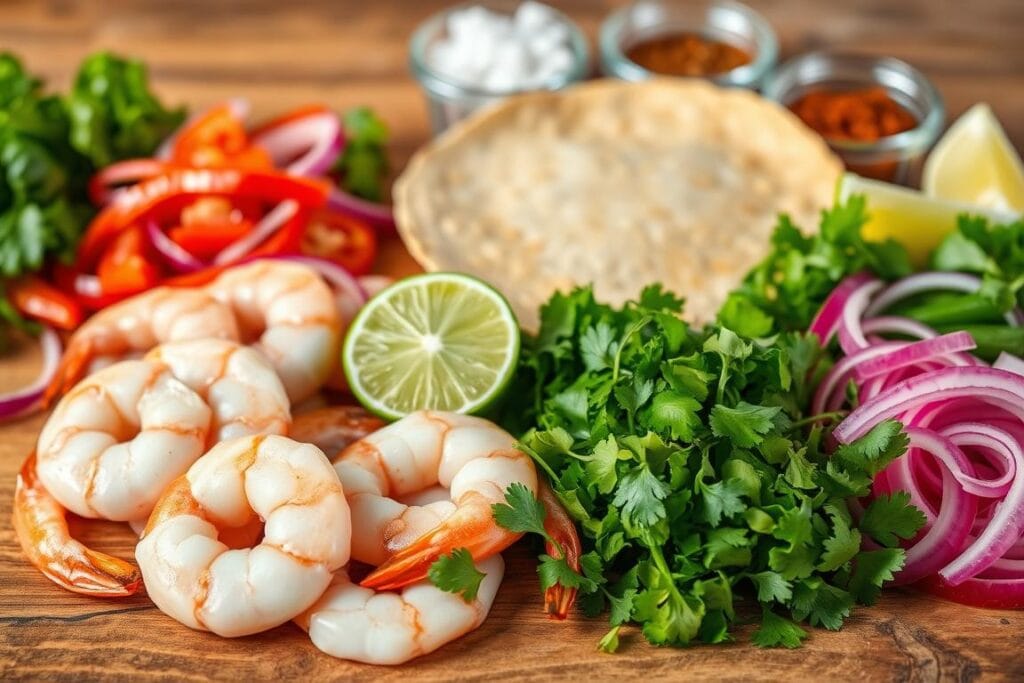 A still life composition showcasing the essential ingredients for delectable shrimp tacos. In the foreground, place fresh shrimp, their pink hues glistening under warm, natural lighting. Arrange an array of chopped vegetables - vibrant green cilantro, crisp red onion slices, and juicy lime wedges - around the shrimp. In the middle ground, include a tortilla shell, its golden-brown texture contrasting with the other ingredients. In the background, incorporate relevant seasonings and spices, such as cumin, chili powder, and sea salt, in small bowls. Capture the scene with a slightly elevated camera angle to emphasize the assortment of flavors and textures that come together to create an authentic shrimp taco experience. A still life composition showcasing the essential ingredients for delectable shrimp tacos. In the foreground, place fresh shrimp, their pink hues glistening under warm, natural lighting. Arrange an array of chopped vegetables - vibrant green cilantro, crisp red onion slices, and juicy lime wedges - around the shrimp. In the middle ground, include a tortilla shell, its golden-brown texture contrasting with the other ingredients. In the background, incorporate relevant seasonings and spices, such as cumin, chili powder, and sea salt, in small bowls. Capture the scene with a slightly elevated camera angle to emphasize the assortment of flavors and textures that come together to create an authentic shrimp taco experience.