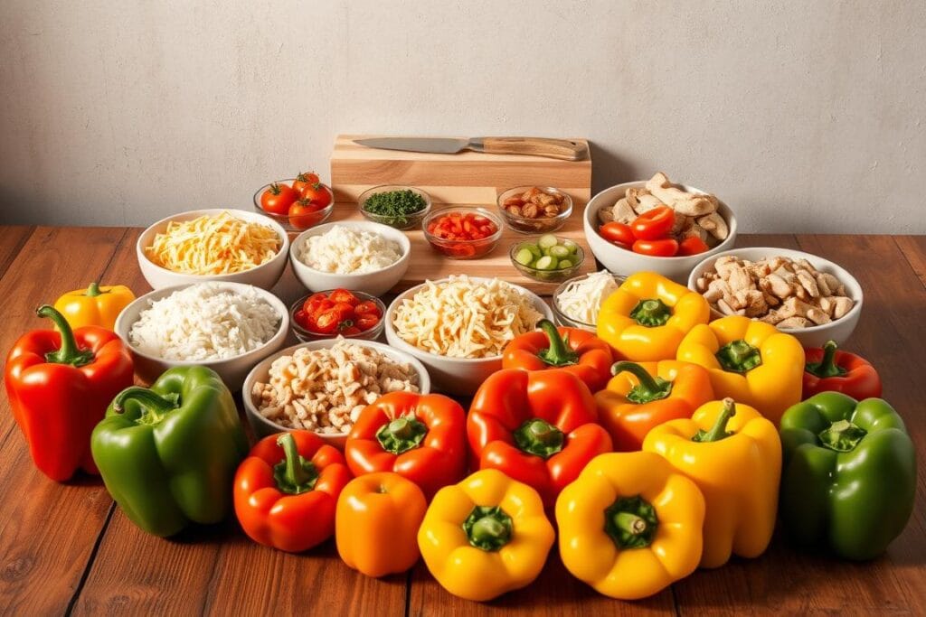 A still life of various customizable stuffed pepper ingredients arranged on a rustic wooden table, bathed in warm, natural lighting. In the foreground, an array of vibrant bell peppers in assorted colors - red, yellow, orange, and green. Surrounding them, bowls filled with rice, shredded cheeses, diced tomatoes, and cooked ground chicken. In the middle ground, a cutting board with a sharp knife, herbs, and spices. The background features a simple, neutral-toned wall, allowing the colorful peppers and fillings to take center stage. The overall composition conveys a sense of culinary creativity and versatility, inviting the viewer to imagine the endless possibilities for customizing their own stuffed pepper recipe. A still life of various customizable stuffed pepper ingredients arranged on a rustic wooden table, bathed in warm, natural lighting. In the foreground, an array of vibrant bell peppers in assorted colors - red, yellow, orange, and green. Surrounding them, bowls filled with rice, shredded cheeses, diced tomatoes, and cooked ground chicken. In the middle ground, a cutting board with a sharp knife, herbs, and spices. The background features a simple, neutral-toned wall, allowing the colorful peppers and fillings to take center stage. The overall composition conveys a sense of culinary creativity and versatility, inviting the viewer to imagine the endless possibilities for customizing their own stuffed pepper recipe.