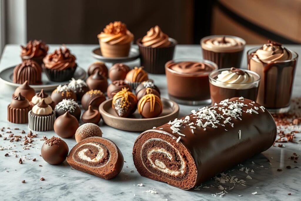 A sumptuous array of chocolate dessert variations, artfully arranged on a sleek, modern tabletop. In the foreground, a decadent chocolate cake roll, its swirls of ganache and coconut flakes glistening under the warm, diffused lighting. Surrounding it, an assortment of petit fours, truffles, and mousse-filled chocolate cups, each a unique interpretation of the classic German chocolate cake flavor profile. The middle ground features a selection of chocolate-dipped strawberries and a rich, silky chocolate pudding, topped with a dusting of cocoa powder. In the background, a scattering of chocolate shavings and a drizzle of caramel sauce add depth and texture to the scene. The overall mood is one of indulgence and refined elegance, inviting the viewer to savor the decadent and creative variations of this beloved dessert. A sumptuous array of chocolate dessert variations, artfully arranged on a sleek, modern tabletop. In the foreground, a decadent chocolate cake roll, its swirls of ganache and coconut flakes glistening under the warm, diffused lighting. Surrounding it, an assortment of petit fours, truffles, and mousse-filled chocolate cups, each a unique interpretation of the classic German chocolate cake flavor profile. The middle ground features a selection of chocolate-dipped strawberries and a rich, silky chocolate pudding, topped with a dusting of cocoa powder. In the background, a scattering of chocolate shavings and a drizzle of caramel sauce add depth and texture to the scene. The overall mood is one of indulgence and refined elegance, inviting the viewer to savor the decadent and creative variations of this beloved dessert.