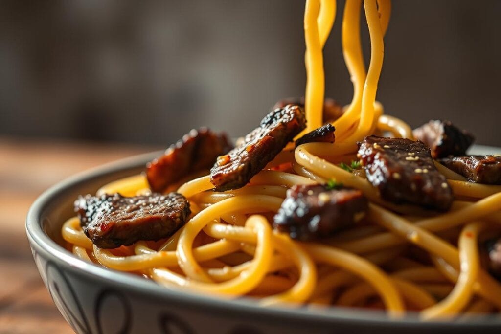 A sumptuous close-up of garlic butter steak noodles, shot with a macro lens against a soft, blurred background. The noodles are perfectly al dente, coated in a rich, fragrant garlic butter sauce. Slivers of tender steak are nestled among the noodles, seared to a delicate char. The dish is lit from the side, creating dramatic shadows and highlights that accentuate the textures. The overall mood is warm, inviting, and mouthwatering, encouraging the viewer to imagine the flavors and aromas. A sumptuous close-up of garlic butter steak noodles, shot with a macro lens against a soft, blurred background. The noodles are perfectly al dente, coated in a rich, fragrant garlic butter sauce. Slivers of tender steak are nestled among the noodles, seared to a delicate char. The dish is lit from the side, creating dramatic shadows and highlights that accentuate the textures. The overall mood is warm, inviting, and mouthwatering, encouraging the viewer to imagine the flavors and aromas.