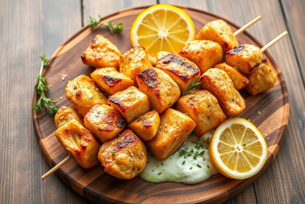 A sumptuous presentation of Greek lemon chicken skewers, arranged artfully on a rustic wooden board. Tender, juicy chicken pieces, marinated in a bright, tangy lemon-herb mixture, are skewered and grilled to perfection, their golden-brown hues glistening under the soft, warm lighting. The skewers are complemented by a creamy, cool tzatziki sauce, its vibrant green color providing a refreshing contrast. Garnished with fresh lemon wedges, fragrant oregano sprigs, and a scattering of toasted sesame seeds, the dish exudes an inviting Mediterranean ambiance, perfect for a memorable dining experience. A sumptuous presentation of Greek lemon chicken skewers, arranged artfully on a rustic wooden board. Tender, juicy chicken pieces, marinated in a bright, tangy lemon-herb mixture, are skewered and grilled to perfection, their golden-brown hues glistening under the soft, warm lighting. The skewers are complemented by a creamy, cool tzatziki sauce, its vibrant green color providing a refreshing contrast. Garnished with fresh lemon wedges, fragrant oregano sprigs, and a scattering of toasted sesame seeds, the dish exudes an inviting Mediterranean ambiance, perfect for a memorable dining experience.