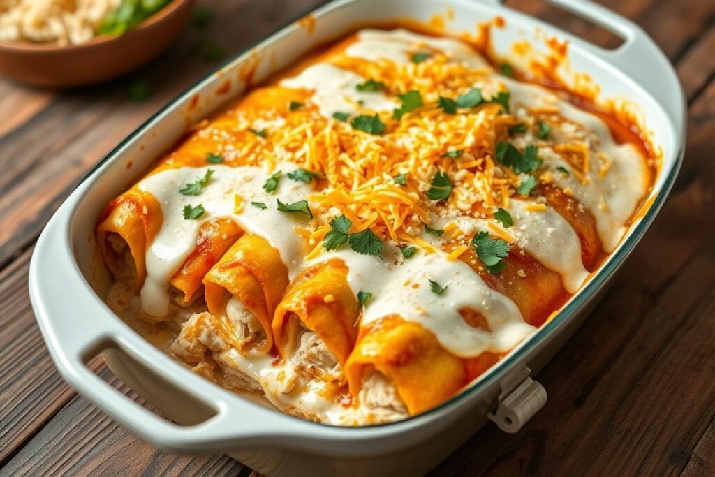 A sumptuously layered baking dish filled with golden-brown chicken enchiladas, blanketed in a rich and creamy sour cream sauce. The casserole is adorned with grated cheddar cheese, garnished with fresh cilantro sprigs, and framed by a rustic wooden tabletop. Soft, ambient lighting captures the alluring textures and aromas, inviting the viewer to dive into this comforting and homemade dish. The scene evokes a cozy kitchen setting, perfect for a satisfying family meal or a special occasion. A sumptuously layered baking dish filled with golden-brown chicken enchiladas, blanketed in a rich and creamy sour cream sauce. The casserole is adorned with grated cheddar cheese, garnished with fresh cilantro sprigs, and framed by a rustic wooden tabletop. Soft, ambient lighting captures the alluring textures and aromas, inviting the viewer to dive into this comforting and homemade dish. The scene evokes a cozy kitchen setting, perfect for a satisfying family meal or a special occasion.