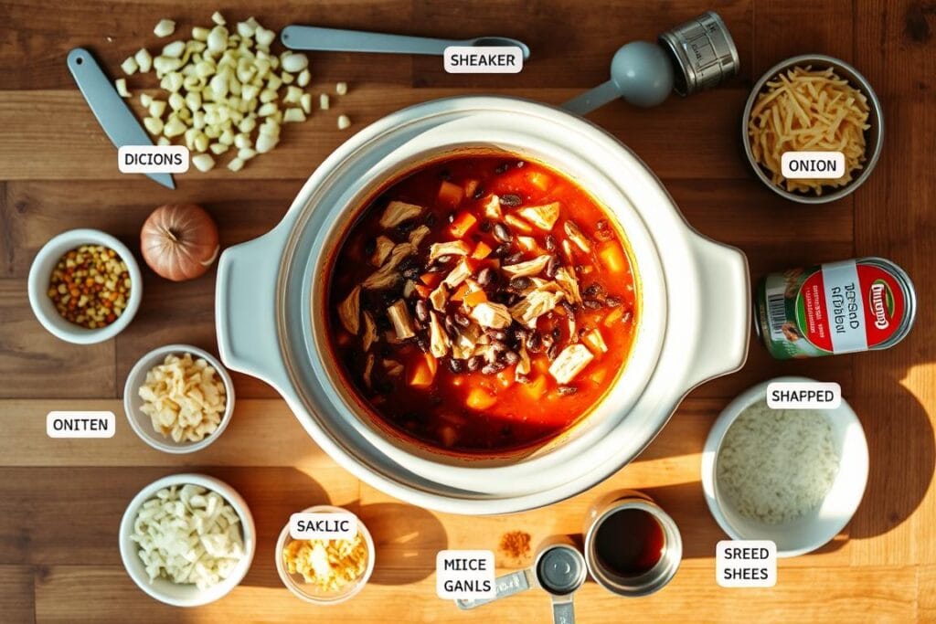 A top-down view of a wooden kitchen countertop, with a slow cooker in the center. Inside the slow cooker, a hearty nacho soup simmers, filled with diced tomatoes, shredded chicken, black beans, and melted cheese. Surrounding the slow cooker, arrange the preparation steps in an organized grid: dicing onions, mincing garlic, shredding cheese, opening cans of beans and tomatoes, and measuring out spices. Bright, natural lighting casts a warm glow on the scene, creating a cozy, inviting atmosphere. The overall composition should guide the viewer through the step-by-step process of making this comforting nacho soup. A top-down view of a wooden kitchen countertop, with a slow cooker in the center. Inside the slow cooker, a hearty nacho soup simmers, filled with diced tomatoes, shredded chicken, black beans, and melted cheese. Surrounding the slow cooker, arrange the preparation steps in an organized grid: dicing onions, mincing garlic, shredding cheese, opening cans of beans and tomatoes, and measuring out spices. Bright, natural lighting casts a warm glow on the scene, creating a cozy, inviting atmosphere. The overall composition should guide the viewer through the step-by-step process of making this comforting nacho soup.