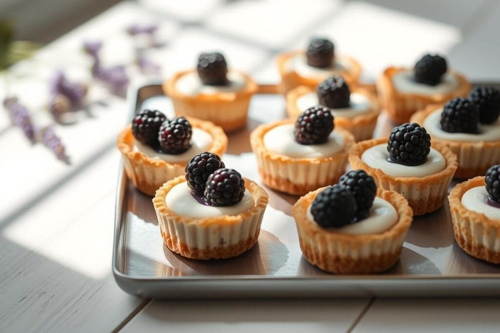 A tray of bite-sized blackberry lavender cheesecakes, presented in a soft, dreamy afternoon light. The creamy, lavender-infused filling is nestled in buttery graham cracker crusts, each with a vibrant blackberry on top. The cheesecakes are arranged artfully, casting gentle shadows on a pale wooden surface. The overall scene evokes a sense of elegant simplicity, inviting the viewer to savor the harmonious blend of tart, floral, and creamy flavors. A 50mm lens captures the scene at a shallow depth of field, drawing the eye to the delicate, jewel-toned berries that crown each miniature dessert. A tray of bite-sized blackberry lavender cheesecakes, presented in a soft, dreamy afternoon light. The creamy, lavender-infused filling is nestled in buttery graham cracker crusts, each with a vibrant blackberry on top. The cheesecakes are arranged artfully, casting gentle shadows on a pale wooden surface. The overall scene evokes a sense of elegant simplicity, inviting the viewer to savor the harmonious blend of tart, floral, and creamy flavors. A 50mm lens captures the scene at a shallow depth of field, drawing the eye to the delicate, jewel-toned berries that crown each miniature dessert.