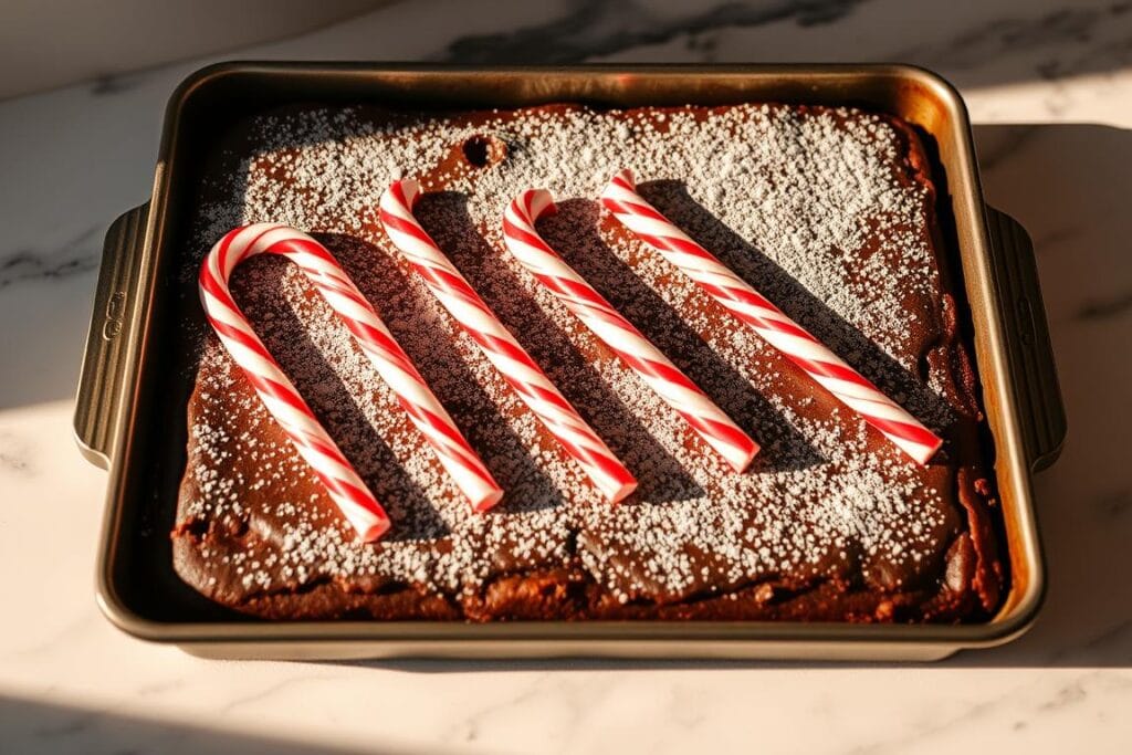 A tray of freshly baked, fudgy brownies sits on a marble countertop, dusted with a light coating of powdered sugar. Atop the brownies, candy canes are carefully arranged in a striking diagonal pattern, their red and white stripes creating a visually appealing contrast. The scene is bathed in soft, warm lighting, casting gentle shadows and highlighting the rich, chocolatey hue of the brownies. The camera angle is slightly elevated, providing a clear, detailed view of the step-by-step process of creating this delightful holiday treat. The overall mood is cozy, festive, and inviting, perfectly capturing the essence of homemade candy cane brownies. A tray of freshly baked, fudgy brownies sits on a marble countertop, dusted with a light coating of powdered sugar. Atop the brownies, candy canes are carefully arranged in a striking diagonal pattern, their red and white stripes creating a visually appealing contrast. The scene is bathed in soft, warm lighting, casting gentle shadows and highlighting the rich, chocolatey hue of the brownies. The camera angle is slightly elevated, providing a clear, detailed view of the step-by-step process of creating this delightful holiday treat. The overall mood is cozy, festive, and inviting, perfectly capturing the essence of homemade candy cane brownies.
