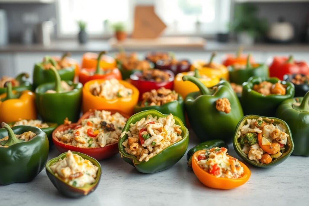 A varied array of stuffed peppers in a bright, airy setting. In the foreground, an assortment of bell peppers, poblanos, and Anaheim chilies, each stuffed with a unique filling - some with a creamy cheese and chicken mixture, others with a zesty vegetable medley. The middle ground features a mix of roasted, grilled, and baked stuffed peppers, showcasing their diverse textures and vibrant colors. In the background, a soft, defocused kitchen scene with natural light filtering in, evoking a warm, inviting atmosphere. The lighting is soft and flattering, highlighting the rich, appetizing appearance of the stuffed peppers. Captured with a medium-wide angle lens to provide a comprehensive, visually compelling view of the delectable variations. A varied array of stuffed peppers in a bright, airy setting. In the foreground, an assortment of bell peppers, poblanos, and Anaheim chilies, each stuffed with a unique filling - some with a creamy cheese and chicken mixture, others with a zesty vegetable medley. The middle ground features a mix of roasted, grilled, and baked stuffed peppers, showcasing their diverse textures and vibrant colors. In the background, a soft, defocused kitchen scene with natural light filtering in, evoking a warm, inviting atmosphere. The lighting is soft and flattering, highlighting the rich, appetizing appearance of the stuffed peppers. Captured with a medium-wide angle lens to provide a comprehensive, visually compelling view of the delectable variations.